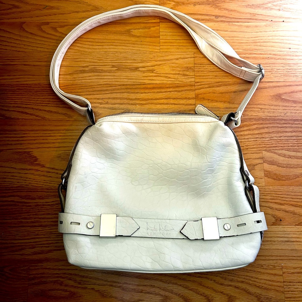 Nicole Miller white faux leather purse